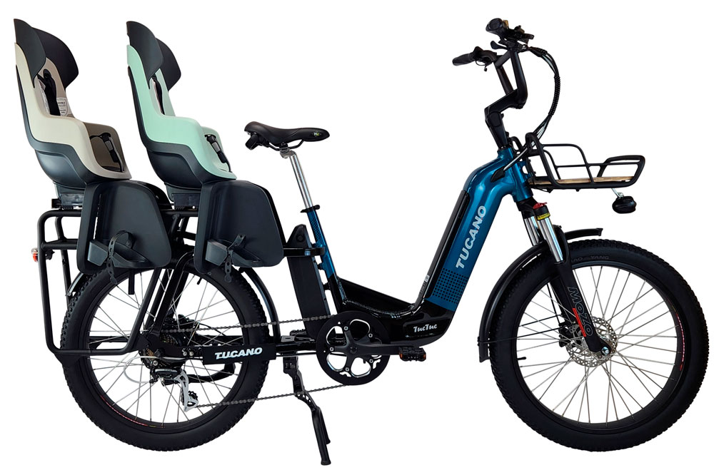 transportar 2 niños en bicicleta eléctrica - bicicleta eléctrica longtail - family bike - cargo bike - Tuc tuc Xroad Mid Motor Tucanobikes - URBAN ZERO - bicicleta eléctricas en Madrid